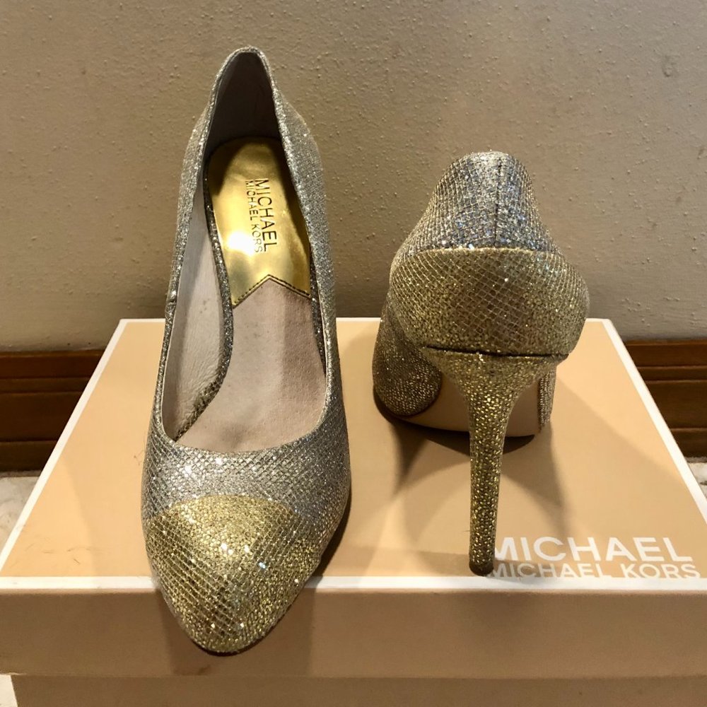 Michael Kors Silver Gold Glitter Metallic Shoes Pumps Event Wedding Party Sz 8